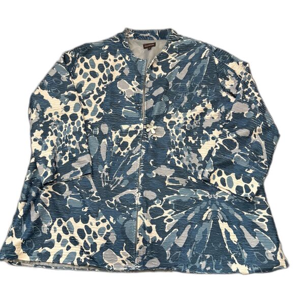 Multiples Evening Jacket Blue Mid Mod Floral Print Artsy One Button Plus Size 1X - Picture 1 of 5
